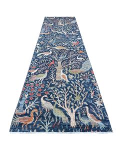 4'x15'1" Blue Birds Paradise Hand Knotted Wool Wide Runner Oriental Rug G88998